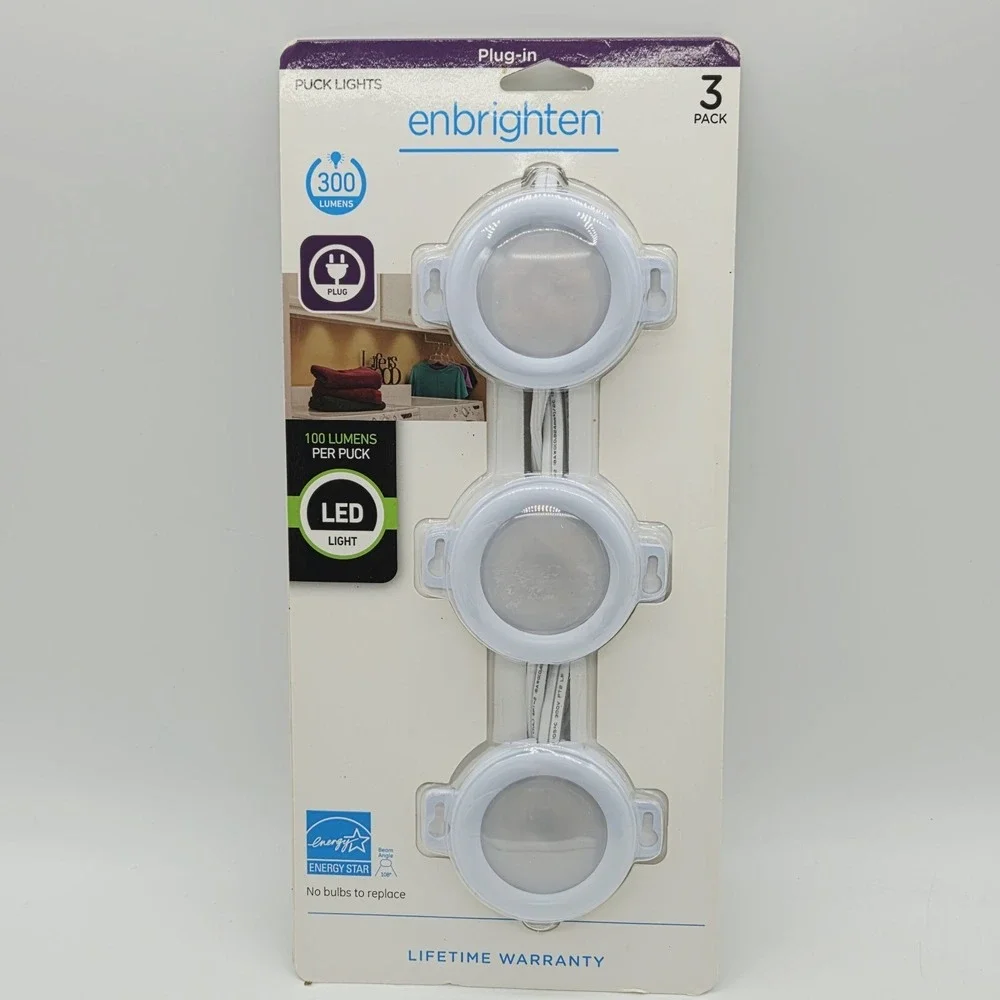 NEW Enbrighten Puck Lights 3-pack Plug In White LED Lights #44410 *READ